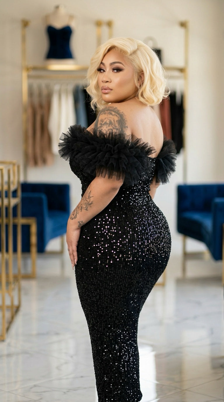Onyx · Sequin Gown With Tulle Ruffle