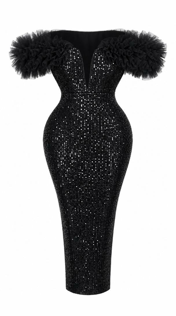 Onyx · Sequin Gown With Tulle Ruffle