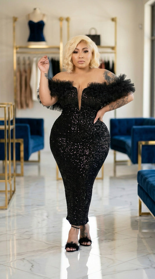 Onyx · Sequin Gown With Tulle Ruffle