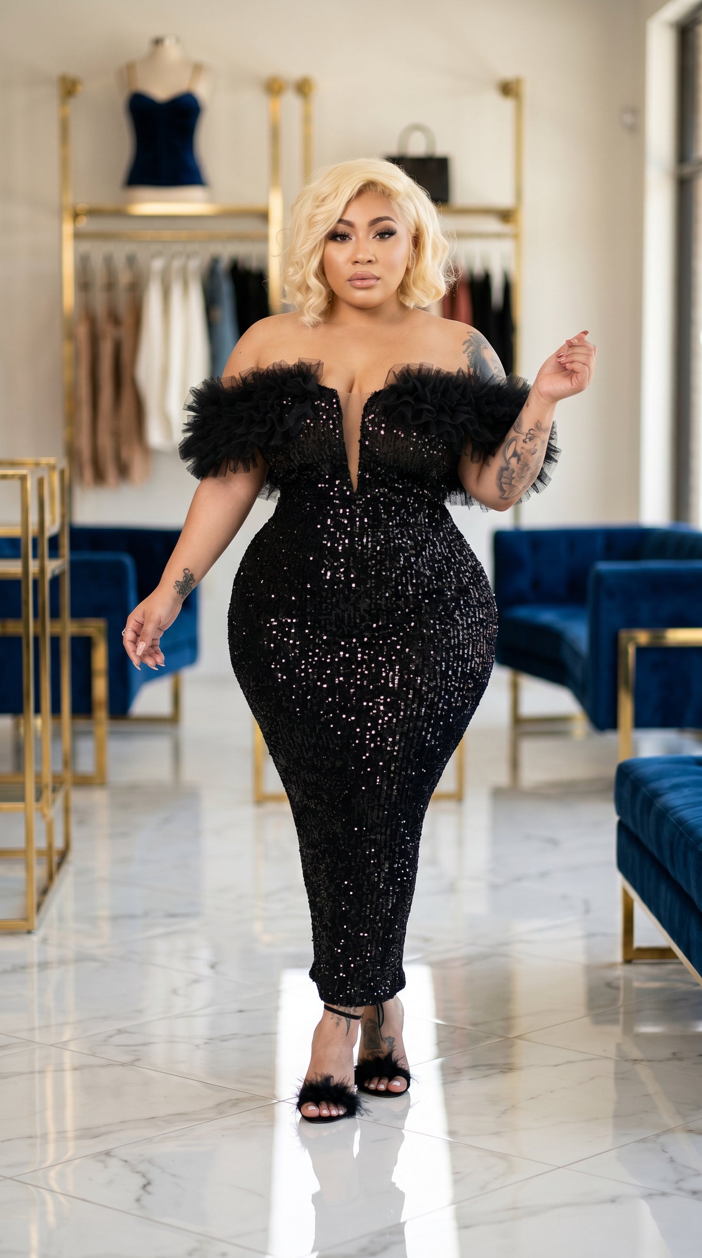 Onyx · Sequin Gown With Tulle Ruffle