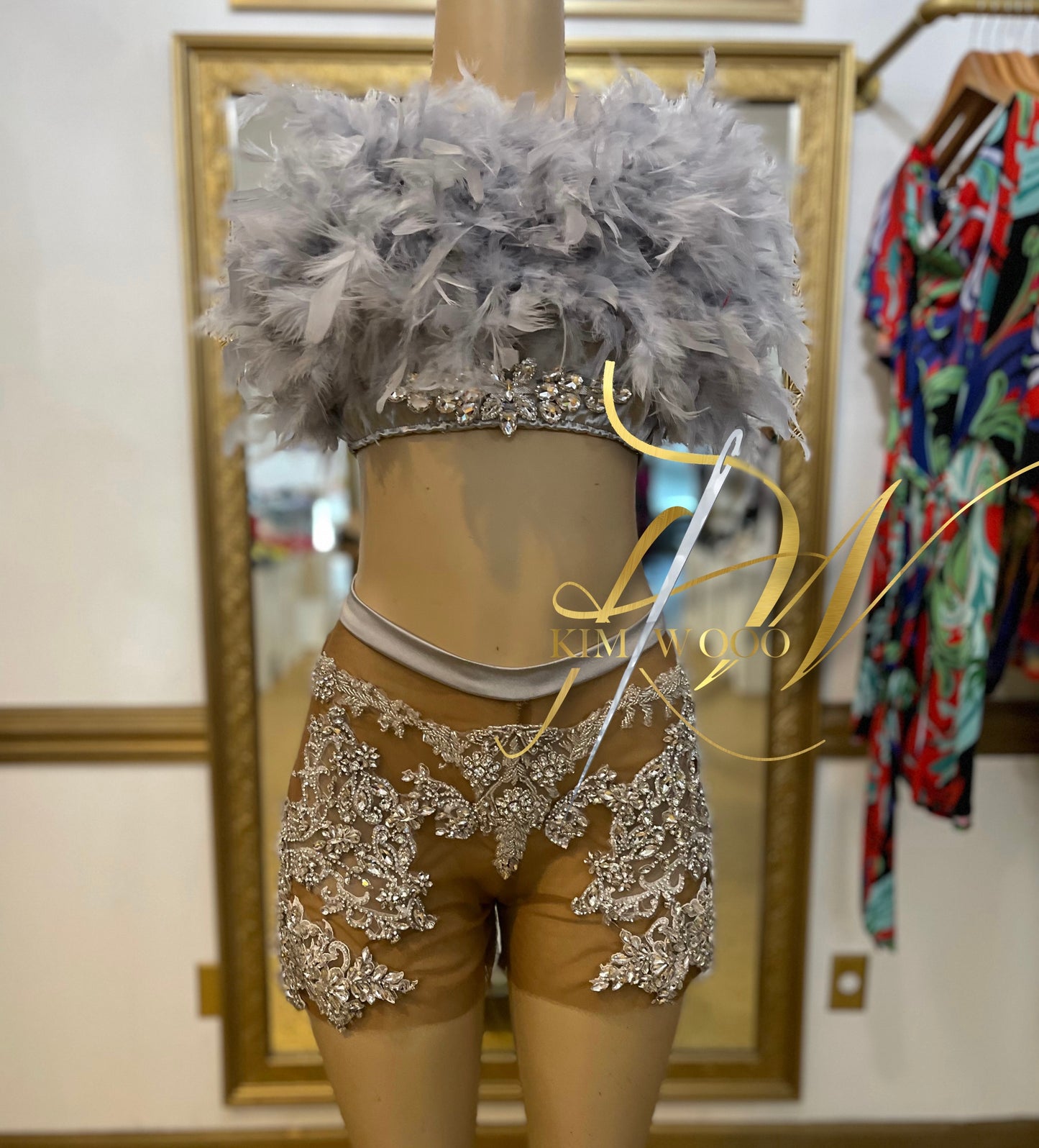 Selene · Custom Couture 2-Piece — Silver Feathered + Crystal