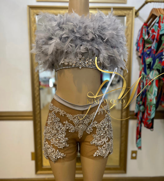 Selene · Custom Couture 2-Piece — Silver Feathered + Crystal